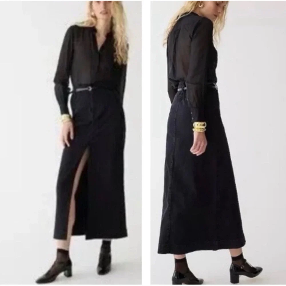 J. Crew Black Denim Jean Maxi Skirt Womens 30 Front Slit Grunge Streetwear Chic